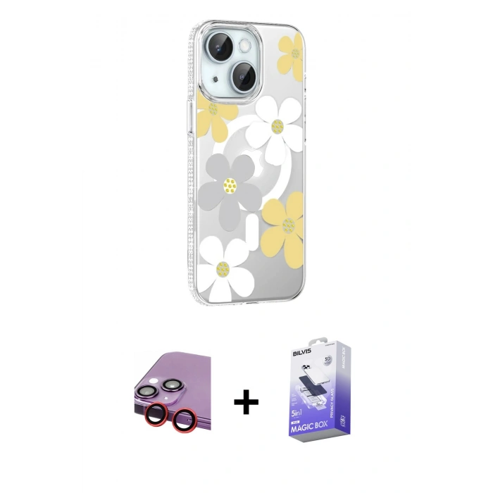 MARSİLYAN™- iPhone 14 Kılıf Yörünge Işık Prime - Siyah Bilvis 5in1 5D Magic Hayalet Cam Ekran Koruyucu + Raze Metal Kamera Lens - KI
