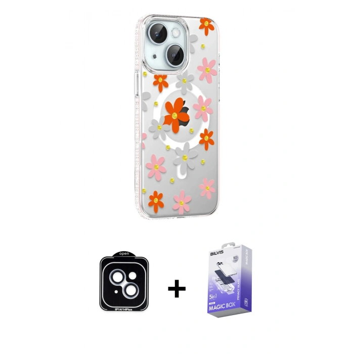 MARSİLYAN™- iPhone 14 Kılıf Yörünge Işık Prime - Siyah Bilvis 5in1 5D Magic Hayalet Cam Ekran Koruyucu + PVD Metal Kamera Lens - MI