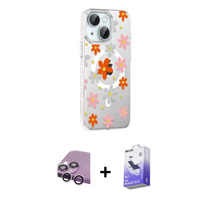 MARSİLYAN™- iPhone 14 Kılıf Yörünge Işık Prime - Siyah Bilvis 5in1 5D Magic Hayalet Cam Ekran Koruyucu + Raze Metal Kamera Lens - MR