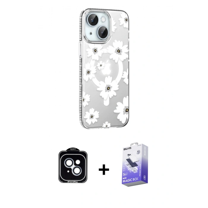 MARSİLYAN™- iPhone 14 Kılıf Yörünge Işık Prime - Siyah Bilvis 5in1 5D Magic Hayalet Cam Ekran Koruyucu + PVD Metal Kamera Lens - MI