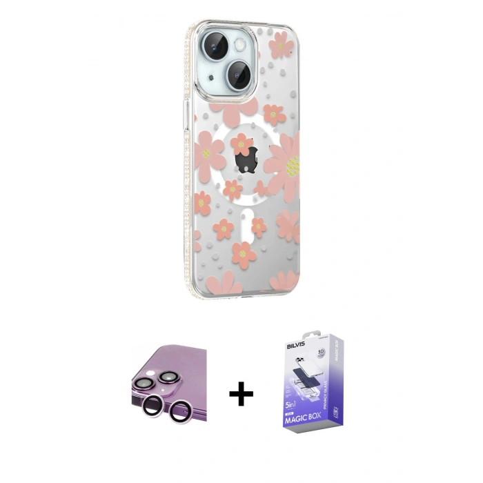 MARSİLYAN™- iPhone 14 Kılıf Yörünge Işık Prime - Siyah Bilvis 5in1 5D Magic Hayalet Cam Ekran Koruyucu + Raze Metal Kamera Lens - MR