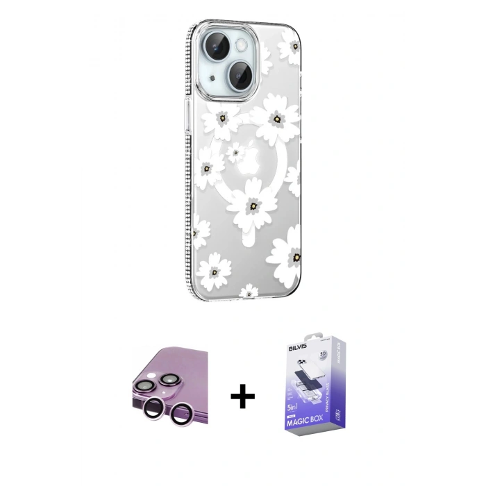 MARSİLYAN™- iPhone 14 Kılıf Yörünge Işık Prime - Siyah Bilvis 5in1 5D Magic Hayalet Cam Ekran Koruyucu + Raze Metal Kamera Lens - MR