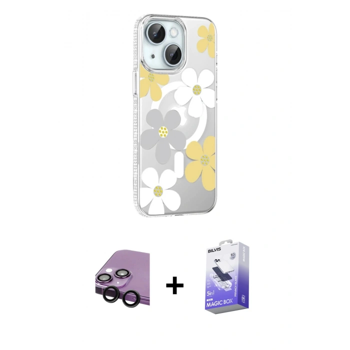 MARSİLYAN™- iPhone 14 Kılıf Yörünge Işık Prime - Siyah Bilvis 5in1 5D Magic Hayalet Cam Ekran Koruyucu + Raze Metal Kamera Lens - SH