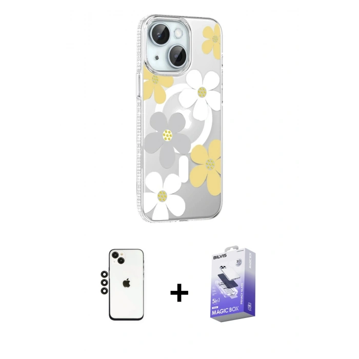 MARSİLYAN™- iPhone 14 Kılıf Yörünge Işık Prime - Siyah Bilvis 5in1 5D Magic Hayalet Cam Ekran Koruyucu + Shine Kamera Lens - SH