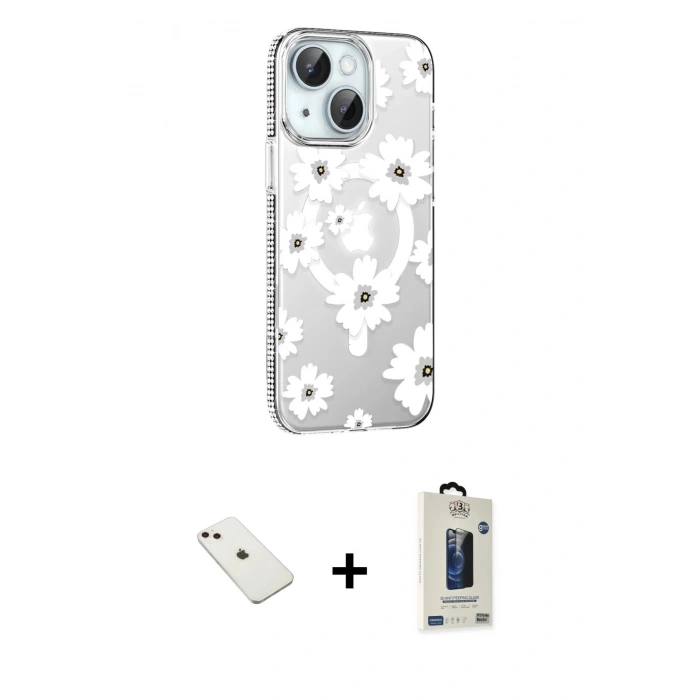MARSİLYAN™- iPhone 14 Kılıf Yörünge Işık Prime - Siyah Bilvis Hayalet Cam Ekran Koruyucu + Diamond Kamera Lens - PE