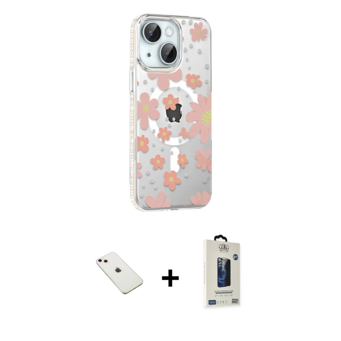 MARSİLYAN™- iPhone 14 Kılıf Yörünge Işık Prime - Siyah Bilvis Hayalet Cam Ekran Koruyucu + Diamond Kamera Lens - PE