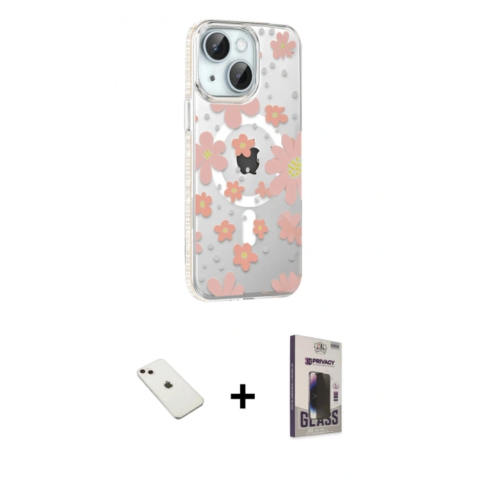 MARSİLYAN™- iPhone 14 Kılıf Yörünge Işık Prime - Siyah Bilvis Hayalet Cam Ekran Koruyucu + Diamond Kamera Lens - PE
