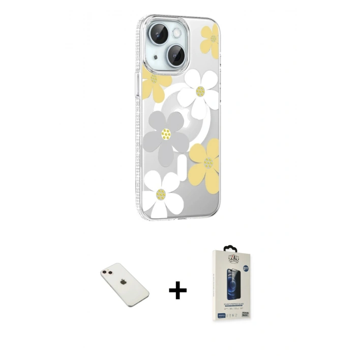 MARSİLYAN™- iPhone 14 Kılıf Yörünge Işık Prime - Siyah Bilvis Hayalet Cam Ekran Koruyucu + Diamond Kamera Lens - PE