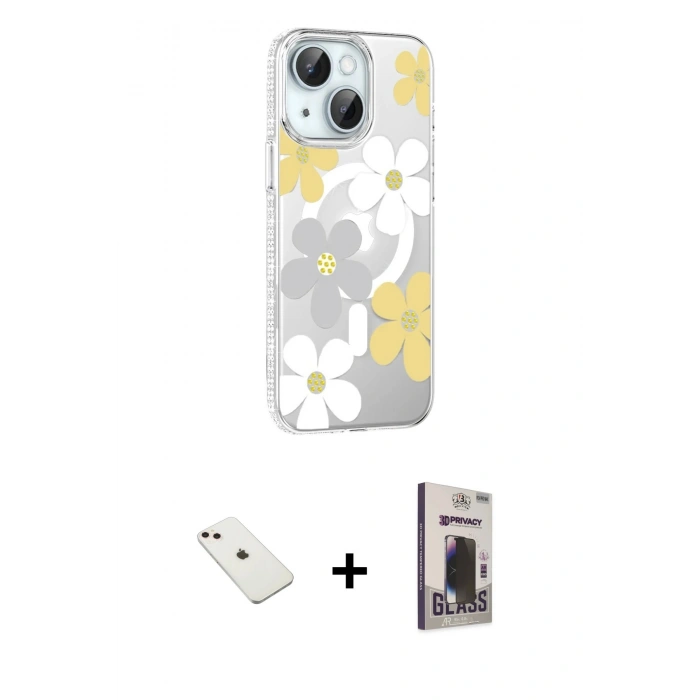 MARSİLYAN™- iPhone 14 Kılıf Yörünge Işık Prime - Siyah Bilvis Hayalet Cam Ekran Koruyucu + Diamond Kamera Lens - PE