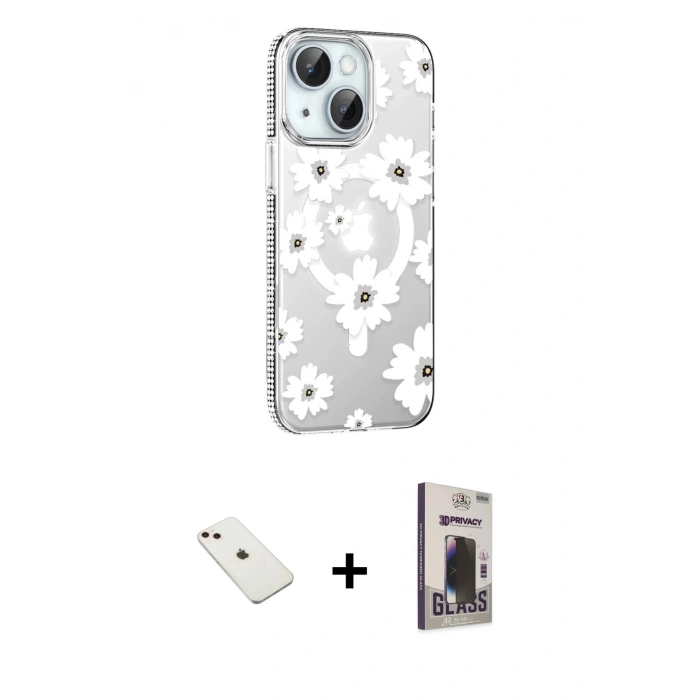 MARSİLYAN™- iPhone 14 Kılıf Yörünge Işık Prime - Siyah Bilvis Hayalet Cam Ekran Koruyucu + Diamond Kamera Lens - PE