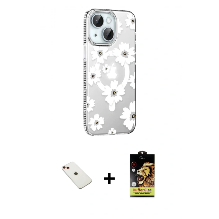 MARSİLYAN™- iPhone 14 Kılıf Yörünge Işık Prime - Siyah Buffer Cam Ekran Koruyucu + Diamond Kamera Lens - KI