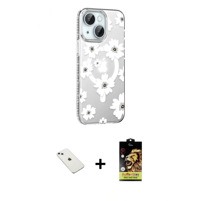 MARSİLYAN™- iPhone 14 Kılıf Yörünge Işık Prime - Siyah Buffer Cam Ekran Koruyucu + Diamond Kamera Lens - SABE