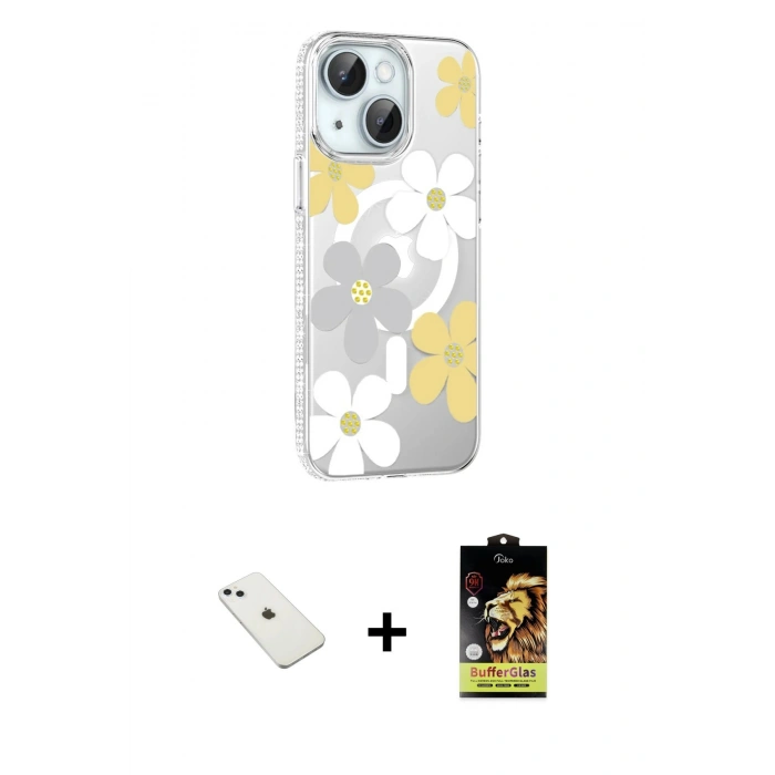 MARSİLYAN™- iPhone 14 Kılıf Yörünge Işık Prime - Siyah Buffer Cam Ekran Koruyucu + Diamond Kamera Lens - SABE