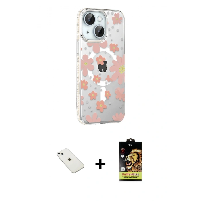 MARSİLYAN™- iPhone 14 Kılıf Yörünge Işık Prime - Siyah Buffer Cam Ekran Koruyucu + Diamond Kamera Lens - SABE