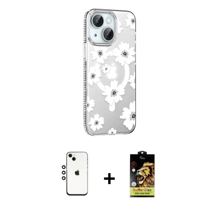 MARSİLYAN™- iPhone 14 Kılıf Yörünge Işık Prime - Siyah Buffer Cam Ekran Koruyucu + Shine Kamera Lens - GS