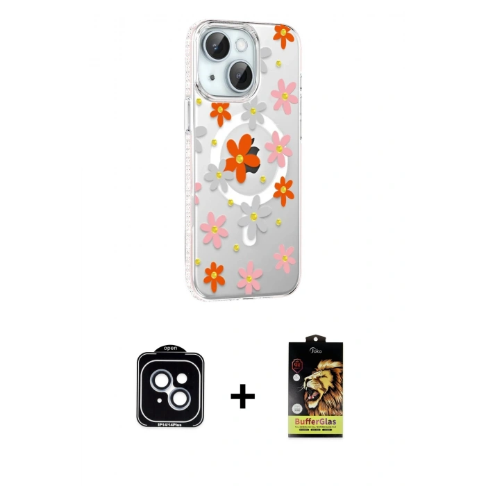 MARSİLYAN™- iPhone 14 Kılıf Yörünge Işık Prime - Siyah Buffer Cam Ekran Koruyucu + Mavi PVD Metal Kamera Lens