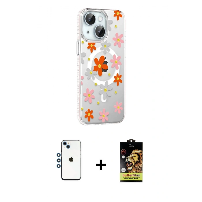 MARSİLYAN™- iPhone 14 Kılıf Yörünge Işık Prime - Siyah Buffer Cam Ekran Koruyucu + Mavi Shine Kamera Lens