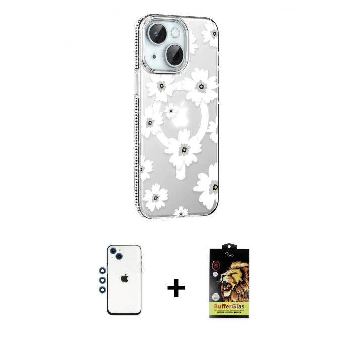 MARSİLYAN™- iPhone 14 Kılıf Yörünge Işık Prime - Siyah Buffer Cam Ekran Koruyucu + Mavi Shine Kamera Lens