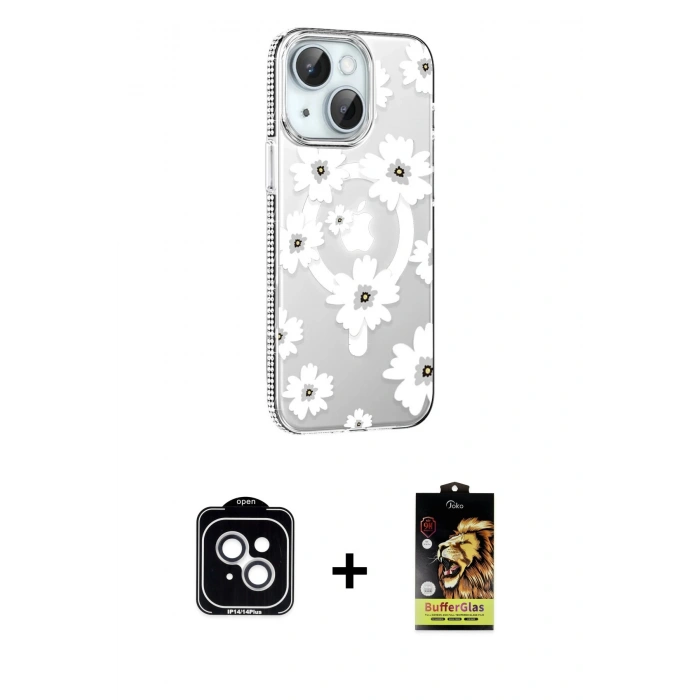 MARSİLYAN™- iPhone 14 Kılıf Yörünge Işık Prime - Siyah Buffer Cam Ekran Koruyucu + PVD Metal Kamera Lens - GS