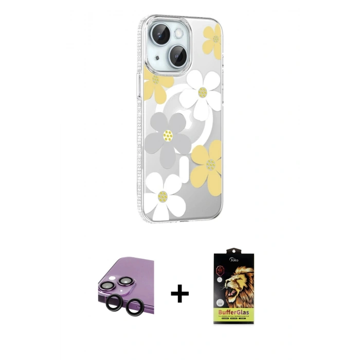 MARSİLYAN™- iPhone 14 Kılıf Yörünge Işık Prime - Siyah Buffer Cam Ekran Koruyucu + Raze Metal Kamera Lens - SH