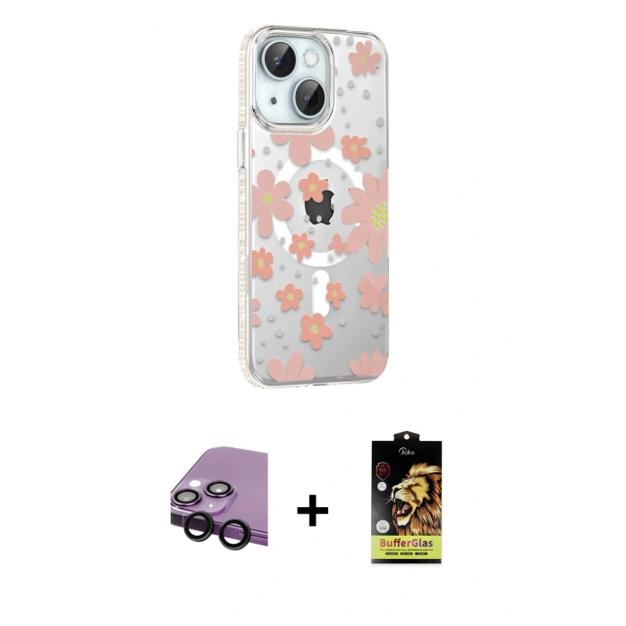 MARSİLYAN™- iPhone 14 Kılıf Yörünge Işık Prime - Siyah Buffer Cam Ekran Koruyucu + Raze Metal Kamera Lens - SH