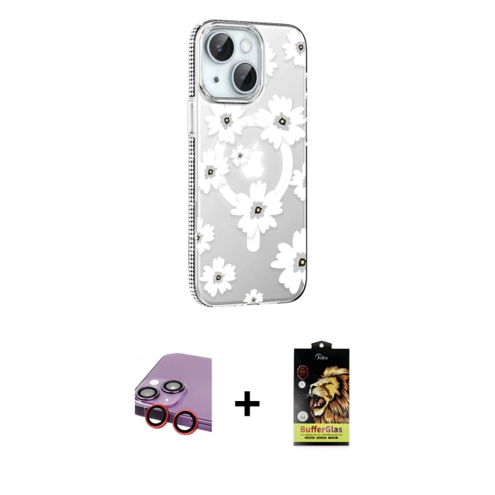 MARSİLYAN™- iPhone 14 Kılıf Yörünge Işık Prime - Siyah Buffer Cam Ekran Koruyucu + Raze Metal Kamera Lens - KI