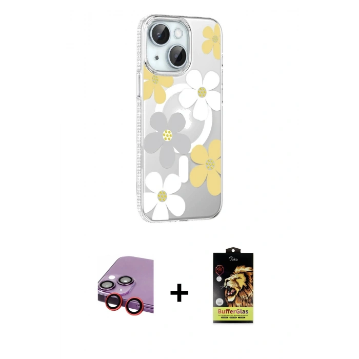 MARSİLYAN™- iPhone 14 Kılıf Yörünge Işık Prime - Siyah Buffer Cam Ekran Koruyucu + Raze Metal Kamera Lens - KI