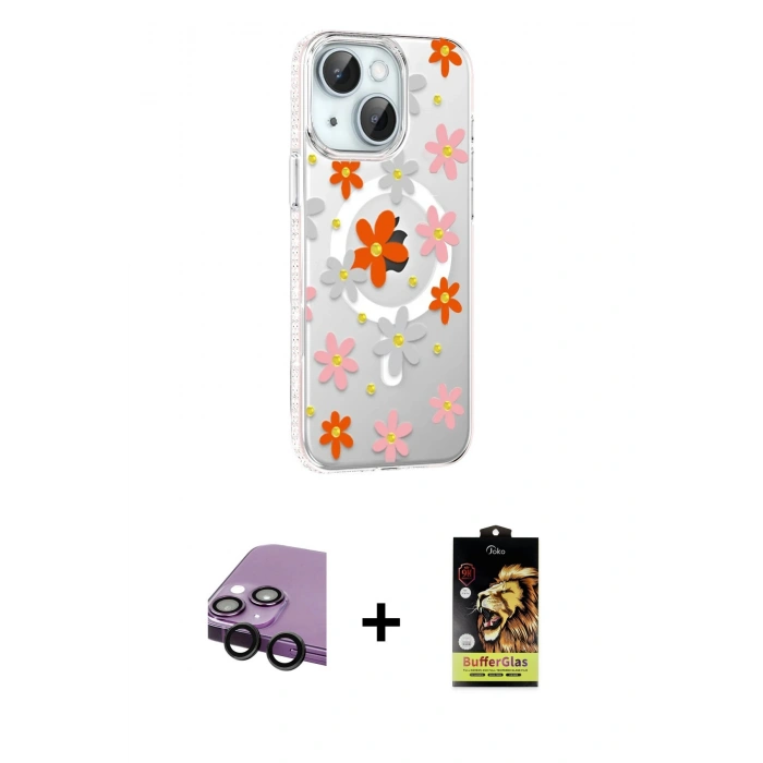 MARSİLYAN™- iPhone 14 Kılıf Yörünge Işık Prime - Siyah Buffer Cam Ekran Koruyucu + Raze Metal Kamera Lens - SH