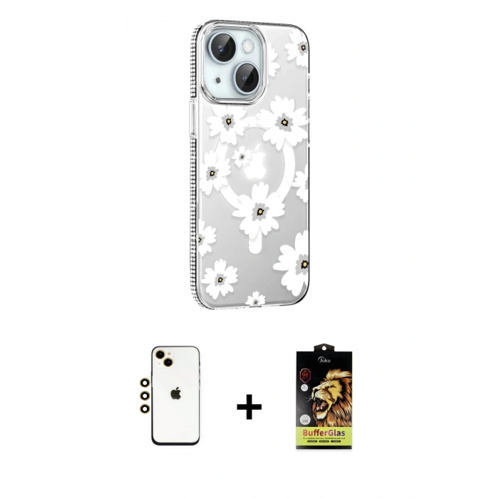 MARSİLYAN™- iPhone 14 Kılıf Yörünge Işık Prime - Siyah Buffer Cam Ekran Koruyucu + Shine Kamera Lens - GD