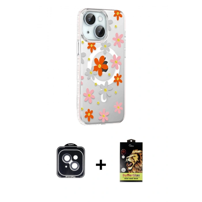 MARSİLYAN™- iPhone 14 Kılıf Yörünge Işık Prime - Siyah Buffer Cam Ekran Koruyucu + Siyah PVD Metal Kamera Lens