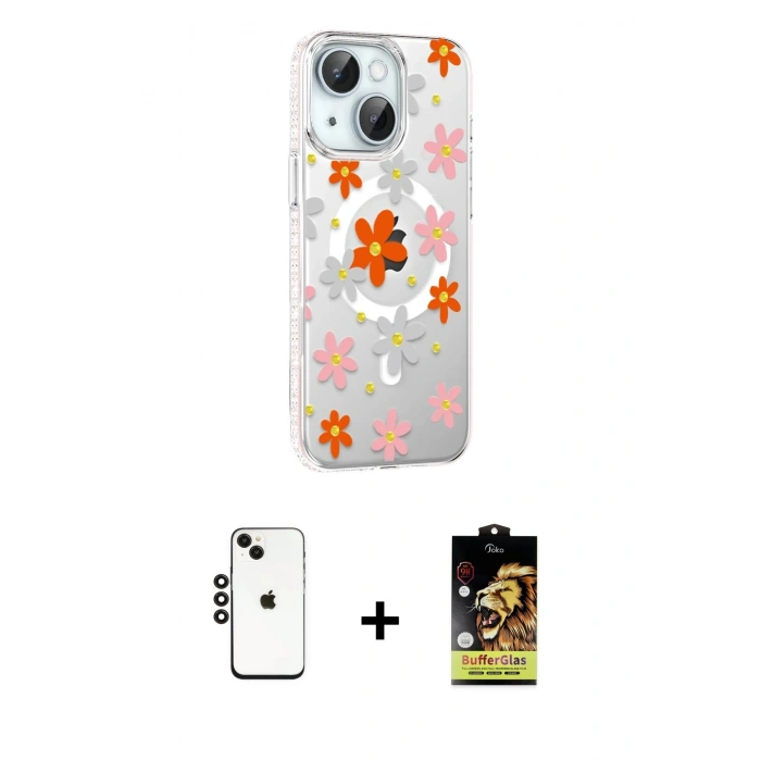 MARSİLYAN™- iPhone 14 Kılıf Yörünge Işık Prime - Siyah Buffer Cam Ekran Koruyucu + Siyah Shine Kamera Lens