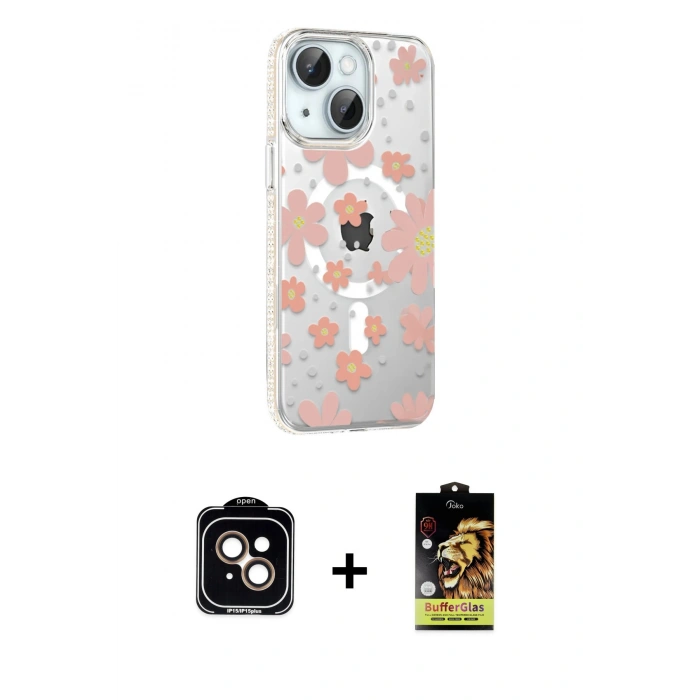 MARSİLYAN™- iPhone 14 Kılıf Yörünge Işık Prime - Siyah Buffer Cam Ekran Koruyucu + PVD Metal Kamera Lens - TU