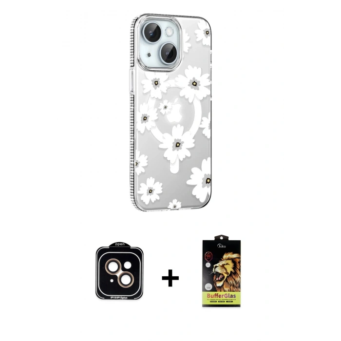 MARSİLYAN™- iPhone 14 Kılıf Yörünge Işık Prime - Siyah Buffer Cam Ekran Koruyucu + PVD Metal Kamera Lens - TU