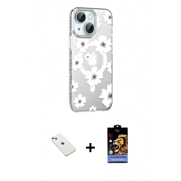 MARSİLYAN™- iPhone 14 Kılıf Yörünge Işık Prime - Siyah Buffer Hayalet Cam Ekran Koruyucu + Diamond Kamera Lens - SABE