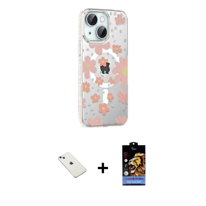 MARSİLYAN™- iPhone 14 Kılıf Yörünge Işık Prime - Siyah Buffer Hayalet Cam Ekran Koruyucu + Diamond Kamera Lens - SABE