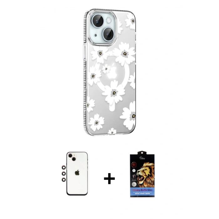 MARSİLYAN™- iPhone 14 Kılıf Yörünge Işık Prime - Siyah Buffer Hayalet Cam Ekran Koruyucu + Shine Kamera Lens - GI
