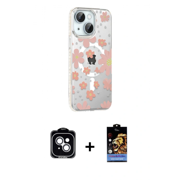 MARSİLYAN™- iPhone 14 Kılıf Yörünge Işık Prime - Siyah Buffer Hayalet Cam Ekran Koruyucu + PVD Metal Kamera Lens - GS