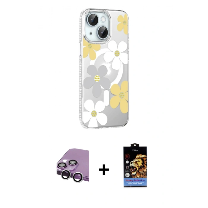 MARSİLYAN™- iPhone 14 Kılıf Yörünge Işık Prime - Siyah Buffer Hayalet Cam Ekran Koruyucu + Raze Metal Kamera Lens - GS