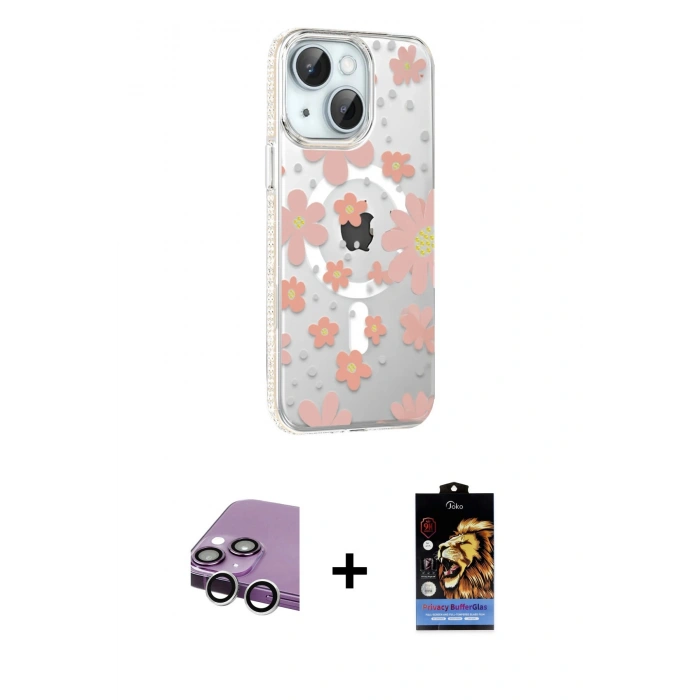 MARSİLYAN™- iPhone 14 Kılıf Yörünge Işık Prime - Siyah Buffer Hayalet Cam Ekran Koruyucu + Raze Metal Kamera Lens - GS