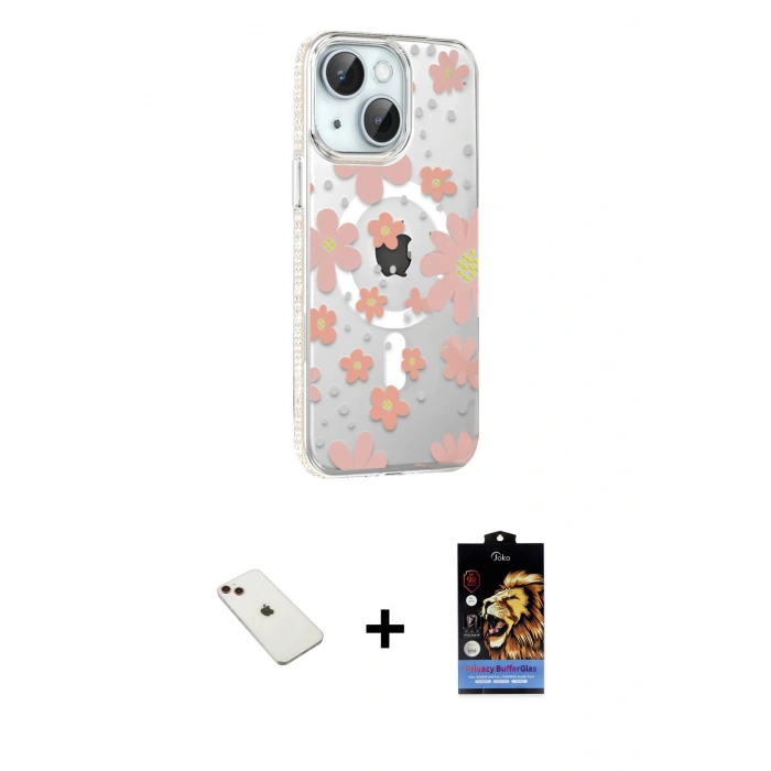 MARSİLYAN™- iPhone 14 Kılıf Yörünge Işık Prime - Siyah Buffer Hayalet Cam Ekran Koruyucu + Diamond Kamera Lens - KI