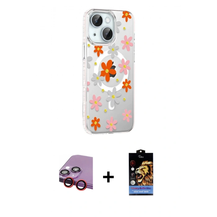 MARSİLYAN™- iPhone 14 Kılıf Yörünge Işık Prime - Siyah Buffer Hayalet Cam Ekran Koruyucu + Kırmızı Raze Metal Kamera Lens