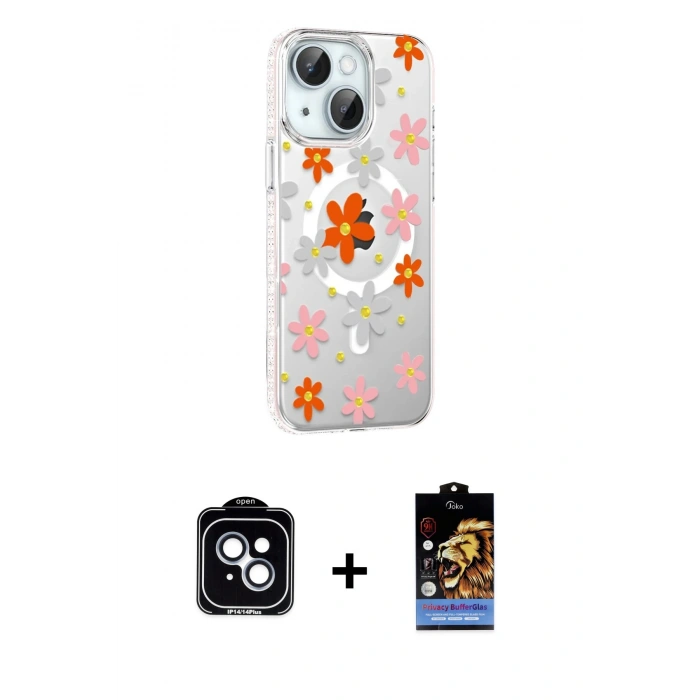 MARSİLYAN™- iPhone 14 Kılıf Yörünge Işık Prime - Siyah Buffer Hayalet Cam Ekran Koruyucu + PVD Metal Kamera Lens - MI
