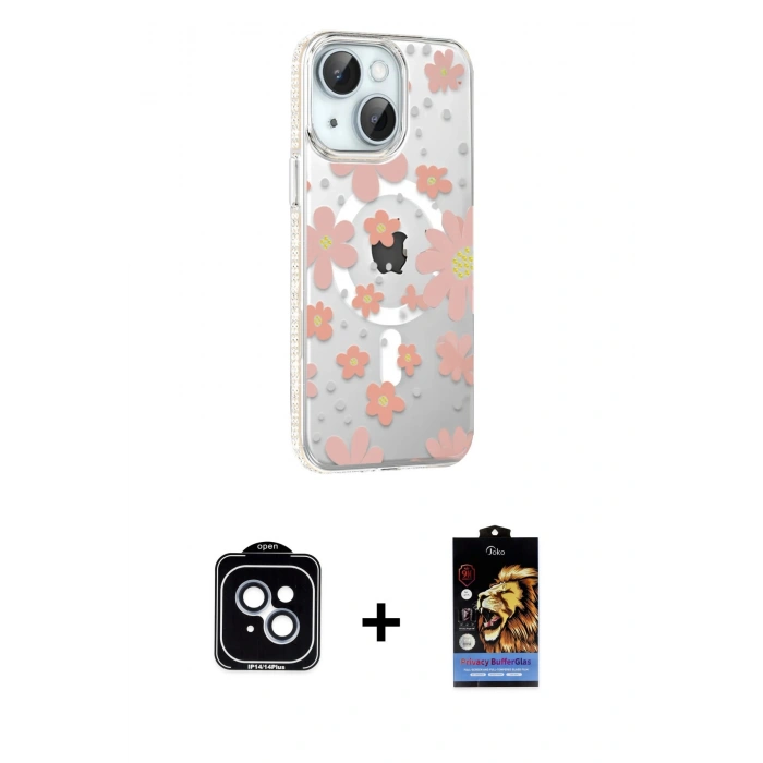 MARSİLYAN™- iPhone 14 Kılıf Yörünge Işık Prime - Siyah Buffer Hayalet Cam Ekran Koruyucu + PVD Metal Kamera Lens - MI