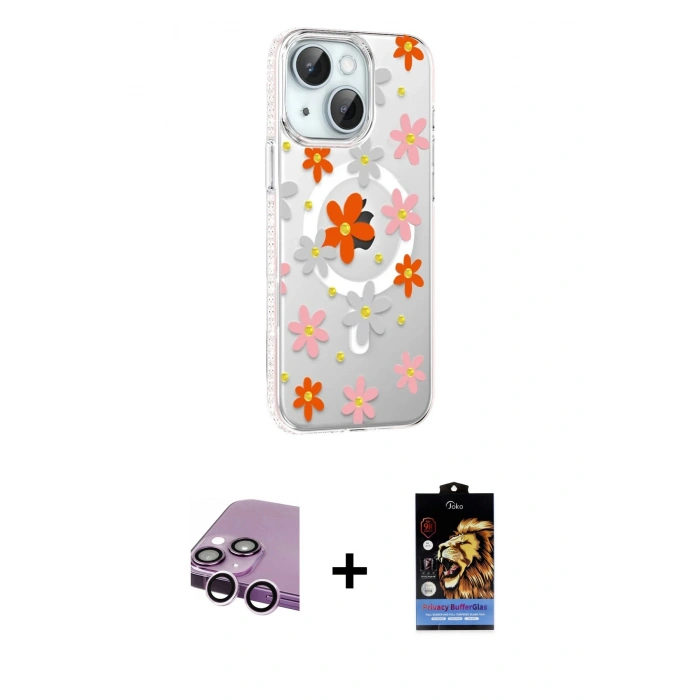 MARSİLYAN™- iPhone 14 Kılıf Yörünge Işık Prime - Siyah Buffer Hayalet Cam Ekran Koruyucu + Raze Metal Kamera Lens - MR