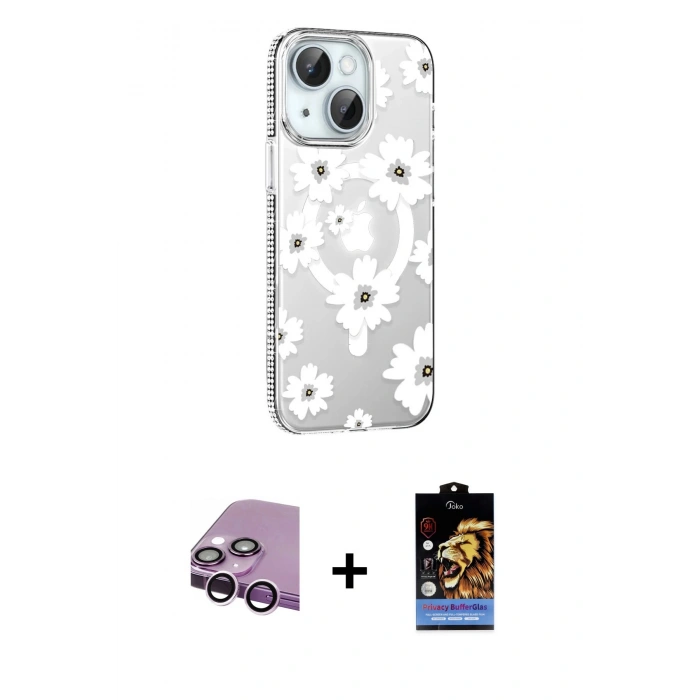 MARSİLYAN™- iPhone 14 Kılıf Yörünge Işık Prime - Siyah Buffer Hayalet Cam Ekran Koruyucu + Raze Metal Kamera Lens - MR