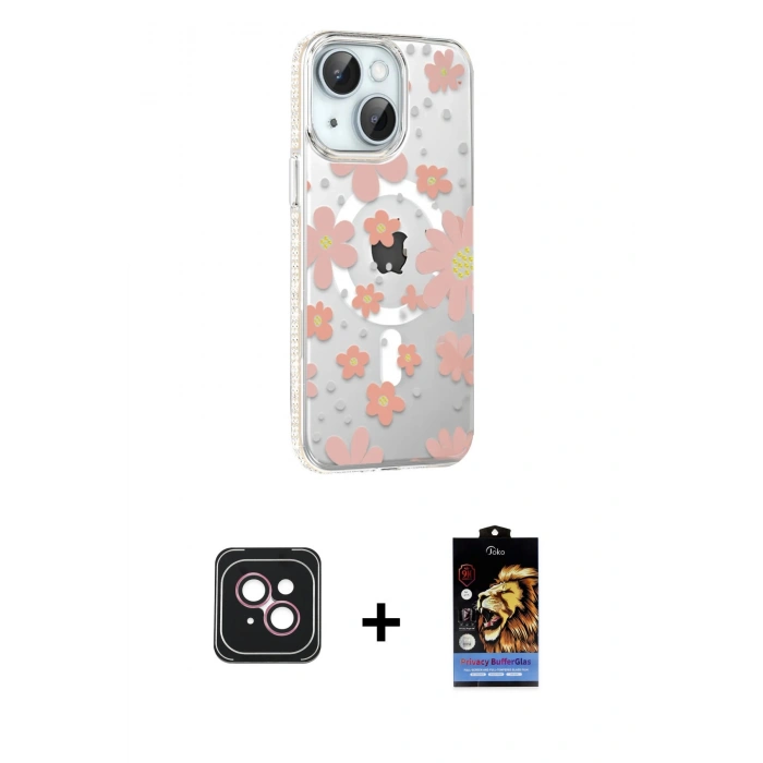 MARSİLYAN™- iPhone 14 Kılıf Yörünge Işık Prime - Siyah Buffer Hayalet Cam Ekran Koruyucu + PVD Metal Kamera Lens - PE