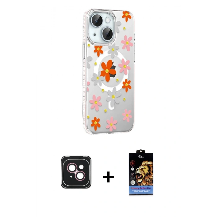 MARSİLYAN™- iPhone 14 Kılıf Yörünge Işık Prime - Siyah Buffer Hayalet Cam Ekran Koruyucu + PVD Metal Kamera Lens - PE