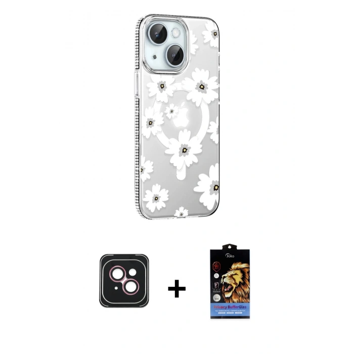 MARSİLYAN™- iPhone 14 Kılıf Yörünge Işık Prime - Siyah Buffer Hayalet Cam Ekran Koruyucu + PVD Metal Kamera Lens - PE