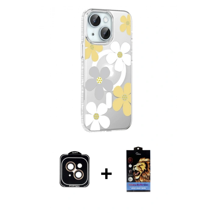 MARSİLYAN™- iPhone 14 Kılıf Yörünge Işık Prime - Siyah Buffer Hayalet Cam Ekran Koruyucu + PVD Metal Kamera Lens - TU