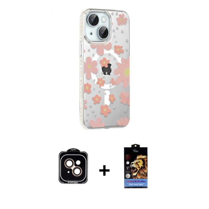 MARSİLYAN™- iPhone 14 Kılıf Yörünge Işık Prime - Siyah Buffer Hayalet Cam Ekran Koruyucu + PVD Metal Kamera Lens - TU